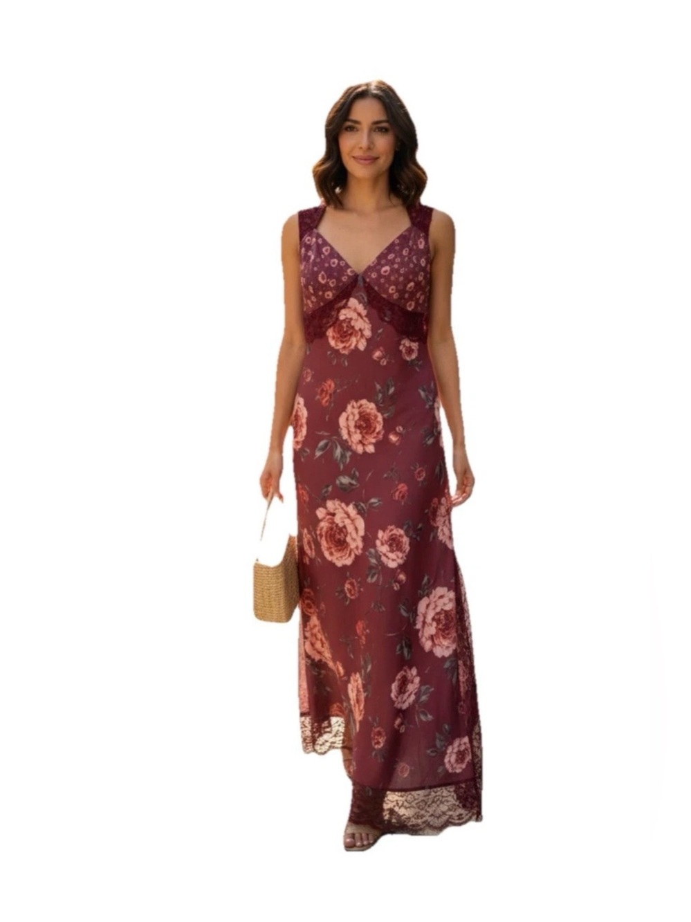 Avec Les FIlles Bias Cut Lace Trim Dress Size 8 Pink Peony or Wine
Floral